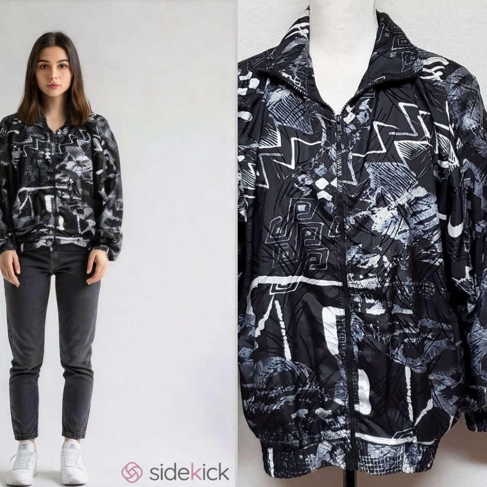 90s Vintage Kaktus Black White Full-zip Abstract Windbreaker Bomber Jacket S